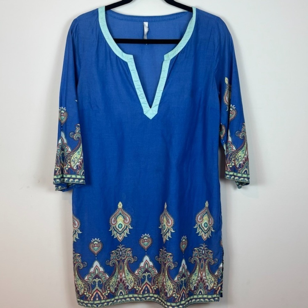 Old Navy Y2K Blue Paisley 100% Cotton Lightweight Tunic Top Womens M‎ 3/4 Sleeve